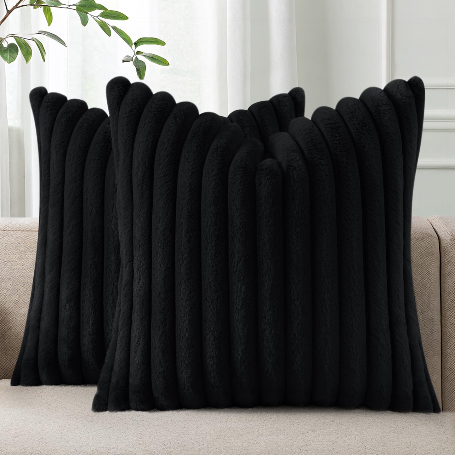 Pallene Faux Fur Plush Throw Pillow Covers 18x18 Set of 2, Luxury Soft Fluffy Striped Decorative Pillow Covers for Sofa, Couch, Living Room, Cream White