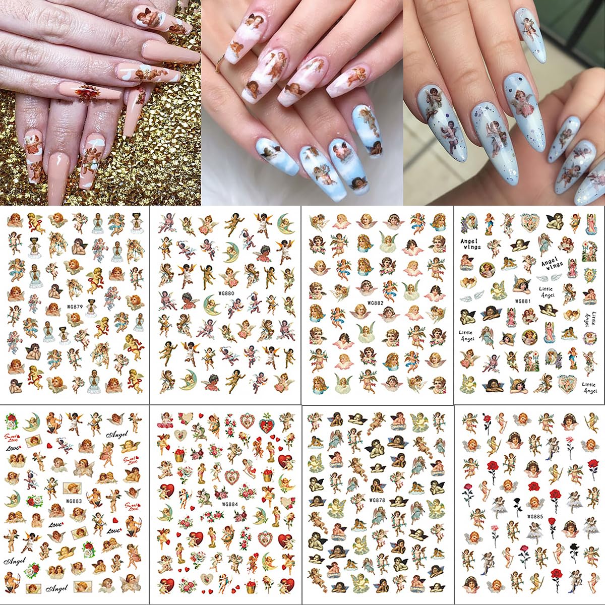 8 Sheets Angel Nail Art Stickers 3D Self-Adhesive Cupid Nail Decals Rose Flower Heart Wings Design Love Charms for Women Girls Acrylic Manicure Salon Decoration Kits