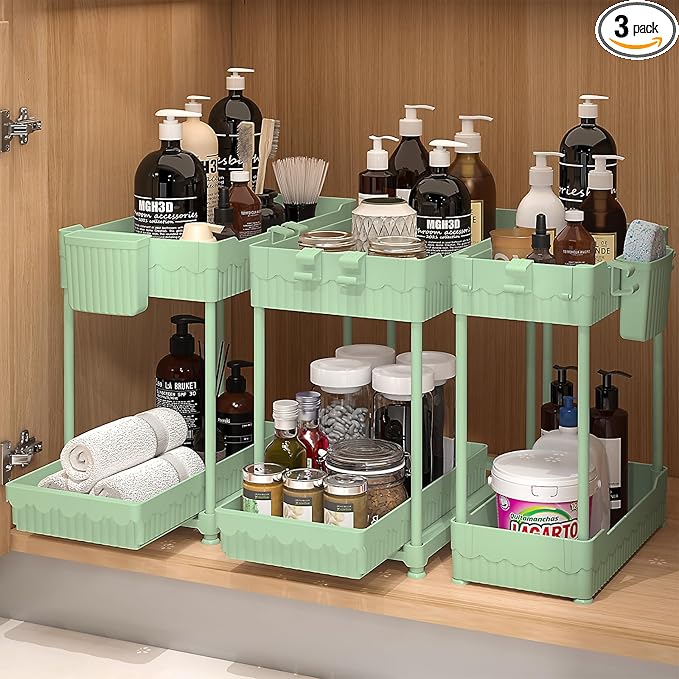 3 Pack Under Sink Organizers, 2-Tier Multi-Use Kitchen and Bathroom Organizers and Storage with Sliding Drawersï¼ÂBathroom Cabinet Organizer (Green, 12.8 Inch)