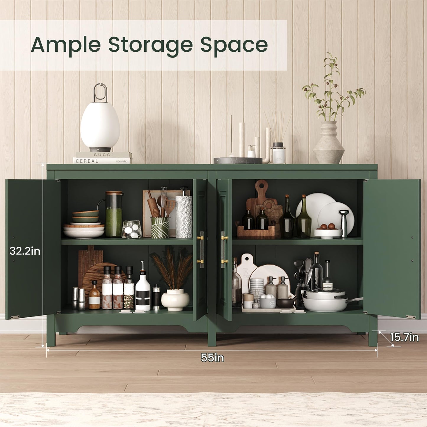 Jocoevol 55" Buffet Cabinet with Storage, Modern Fluted Door Design Sideboard Buffet Cabinet with Adjustable Shelf, Coffee Bar Station for Kitchen, Dining Room, Green