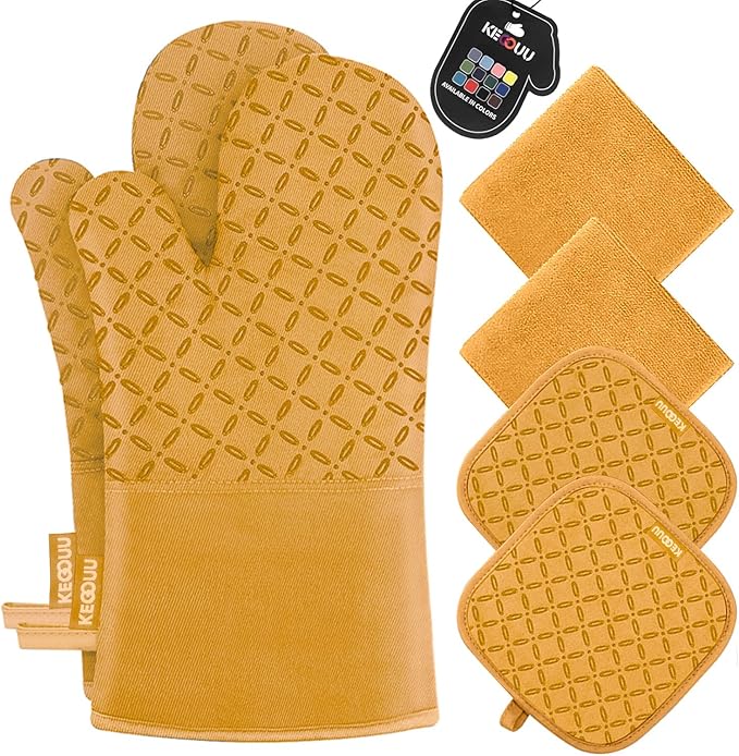 KEGOUU Oven Mitts and Pot Holders 6pcs Set, Kitchen Oven Glove High Heat Resistant 500 Degree Extra Long Oven Mitts and Potholder with Non-Slip Silicone Surface for Cooking ï¼Orangeï¼