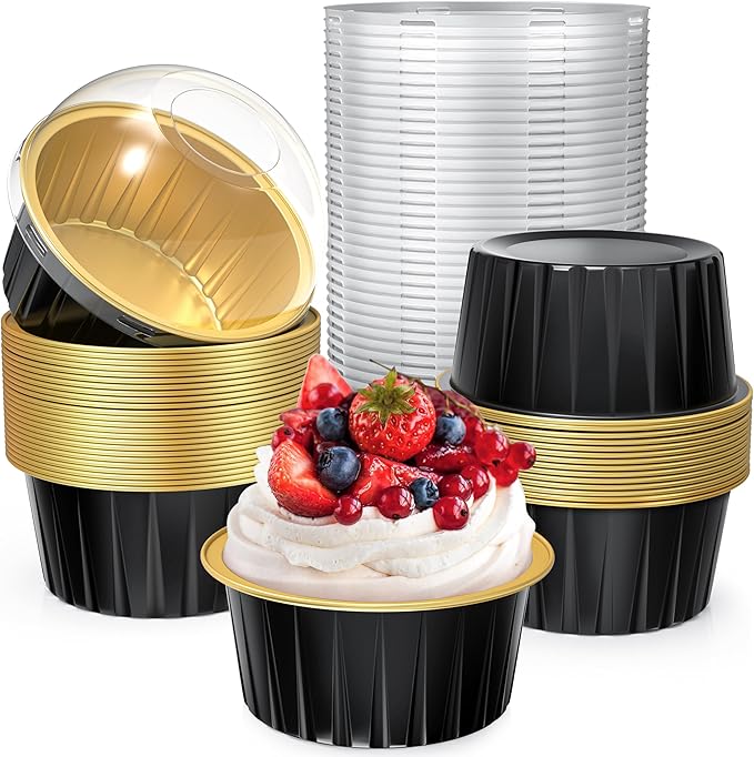 TLAZZ 40 Pack 5 OZ Mini Cake Pans with Lids, Disposable Aluminum Foil Ramekins Muffin Tin, Round Brownie Pudding Cupcake Baking Cups, Mini Cake Containers Flan Molds for Wedding Birthday Party