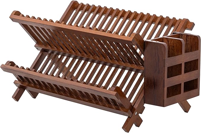 HBlife Dish Rack,Teak Folding 2-Tier Collapsible Drainer Dish Drying Rack with Utensils Flatware Holder Set