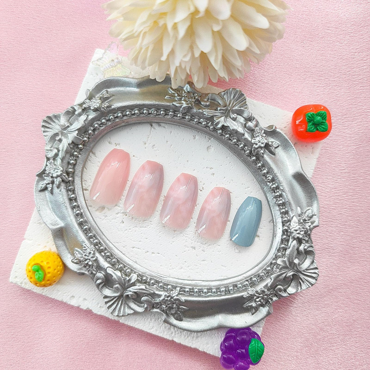 Short Press on Nails Coffin Fake Nails with Marble Designs Pink Nails Press ons Spring Summer Glue on Nails Glossy Acrylic Nails Blue False Nails Daily Wear Natural Stick on Nails for Women 24Pcs