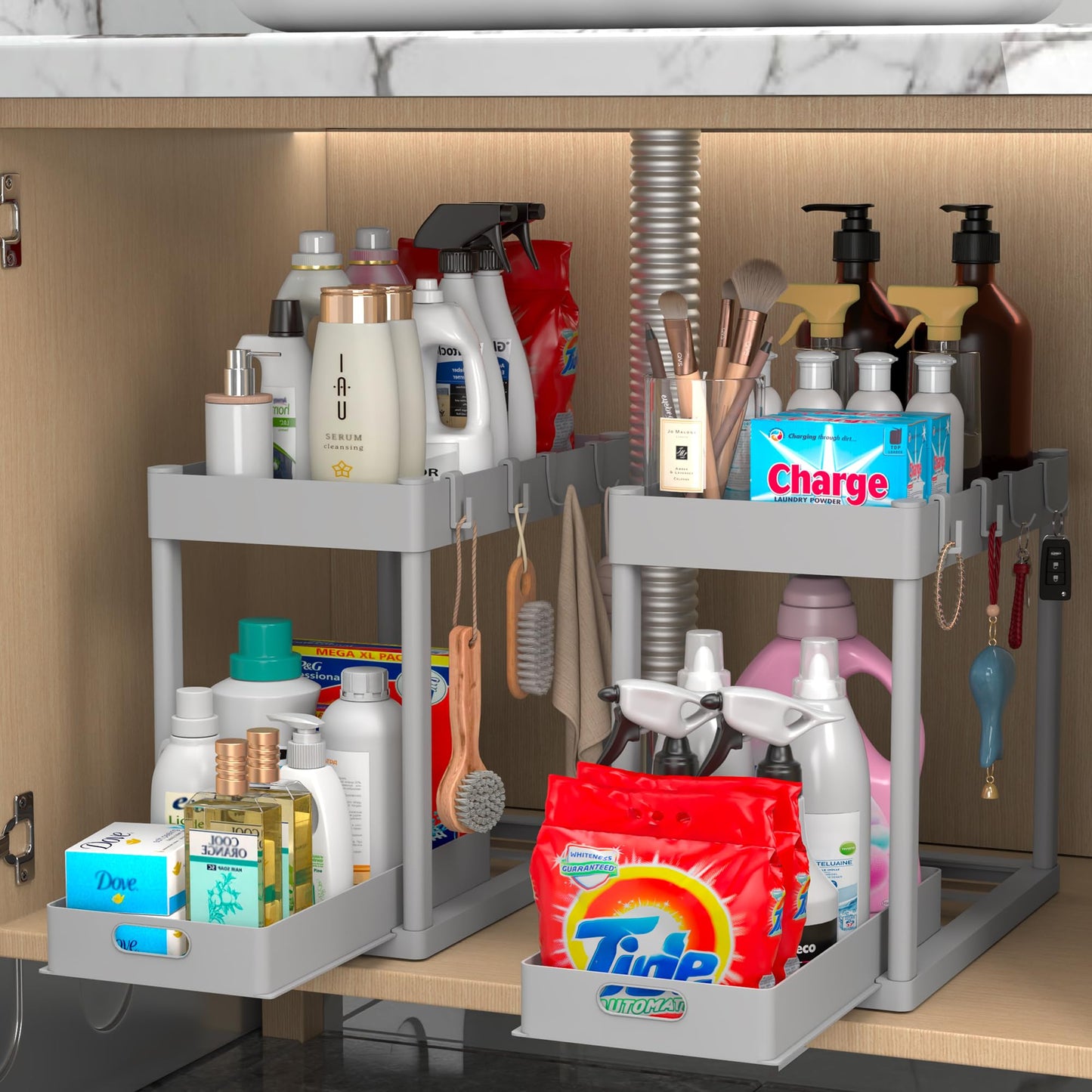 2PC Under Sink Organizer Rack 2 Tier Under Sliding Cabinet Basket Organizer Drawer with 4 Hooks, Multi-purpose Under Sink Storage for Bathroom Kitchen Desktop(Black)