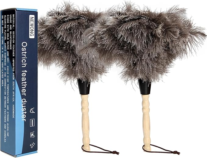 2pcs Ostrich Feather Dusters Natural Feathers Duster with Wooden Handle Natural Ostrich Feathers for Home Cleaning and Office Finishing Duster(2pcsï¼Length14â