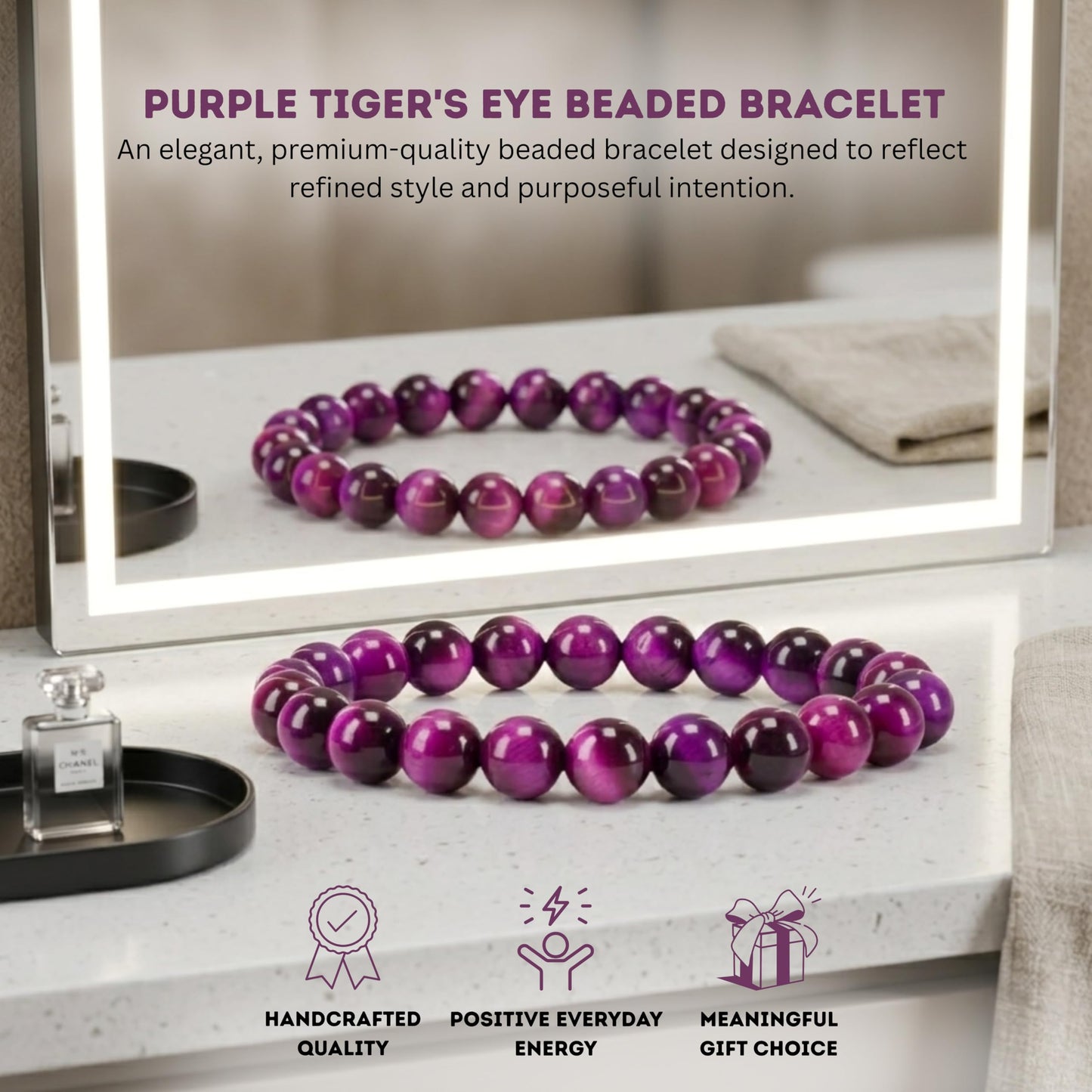 Cherry Tree Collection Purple Tiger's Eye Beaded Bracelet – Genuine 8mm Gemstone Stretch Bracelet for Men & Women – Handmade Crystal Bracelet - (Purple Tiger's Eye - M)