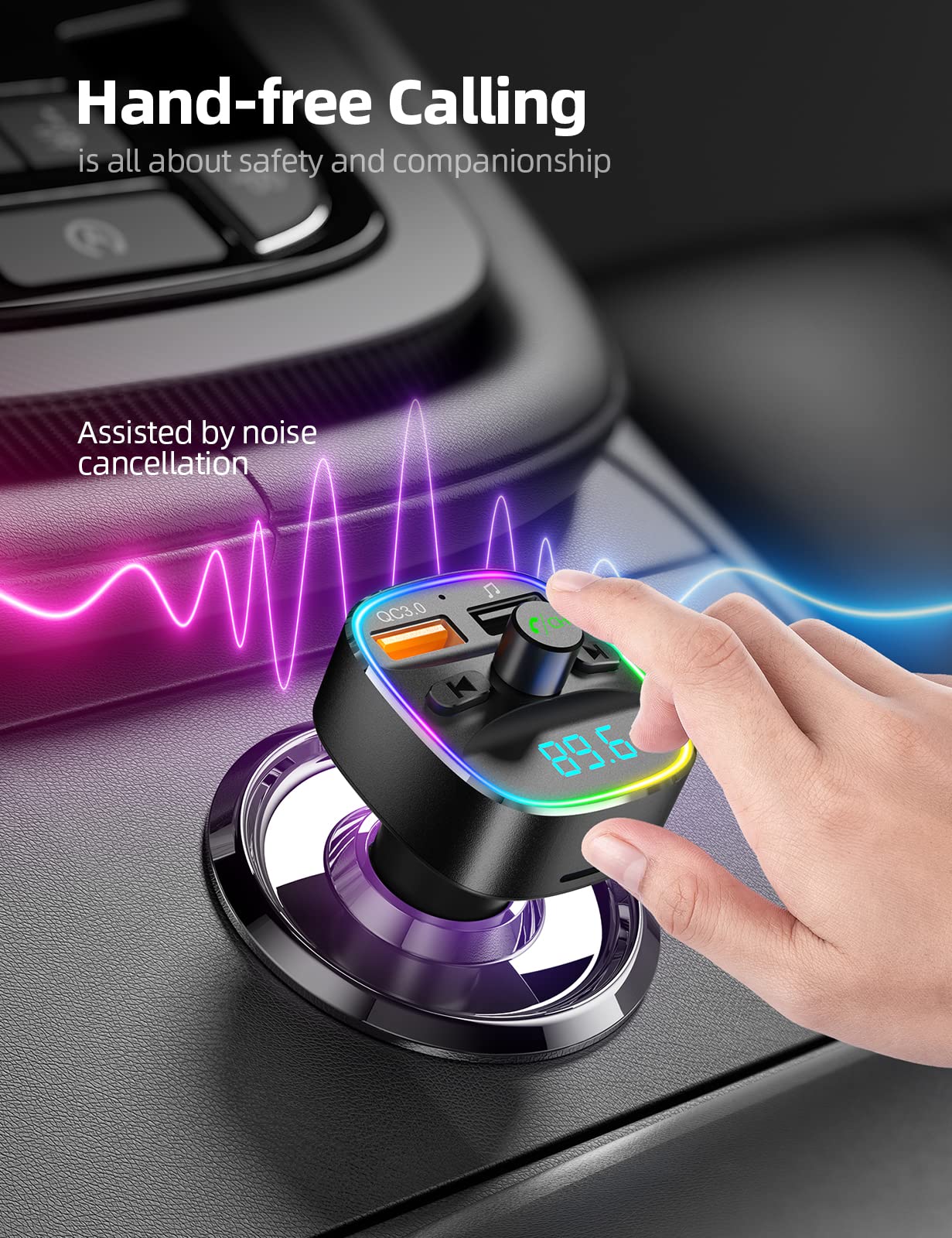 Nulaxy Bluetooth FM Transmitter, Bluetooth Car Adapter with Dual USB Charger Wireless Radio Car Kit MP3 Player Support TF Card & USB Disk, Hands-Free Calling, 7 Colors Led Backlit Light, Black