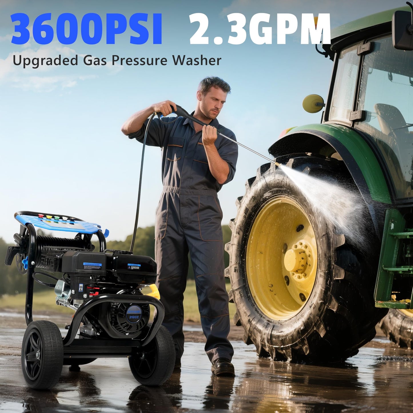 AACULPET 3600PSI Gas Pressure Washer, 2.3 GPM 212CC High Pressure Washers, 30FT Hose with Reel, Built-in Soap Tank, 5 Quick-Connect Nozzles, Axial Pump, Heavy Duty Gas Power Washer for Cars Driveways