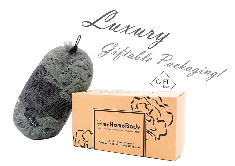 myHomeBody Large 70g Loofah Sponge, Body Scrubber, Bath Sponge, Loofah for Women, Men, Exfoliating Sponge Shower Pouf with Activated Charcoal - 3 Pack, 2 Sage Green + 1 Graphite Gray