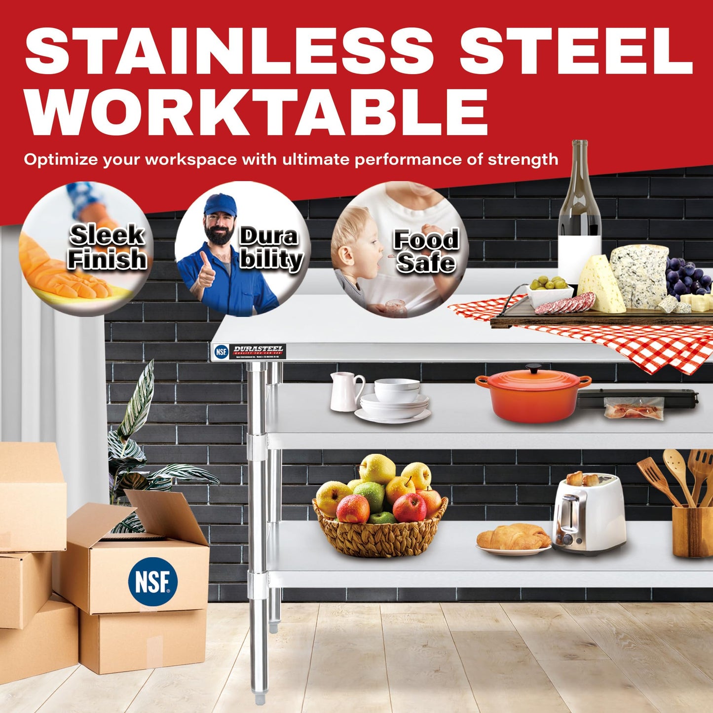 DuraSteel NSF Commercial Kitchen Table - 24 x 48 Inch Cooking Prep Stainless Steel Kitchen Island Workstation w/Adjustable Under Shelf - Heavy Metal Backsplash Workbench for Restaurant, Home, Garage