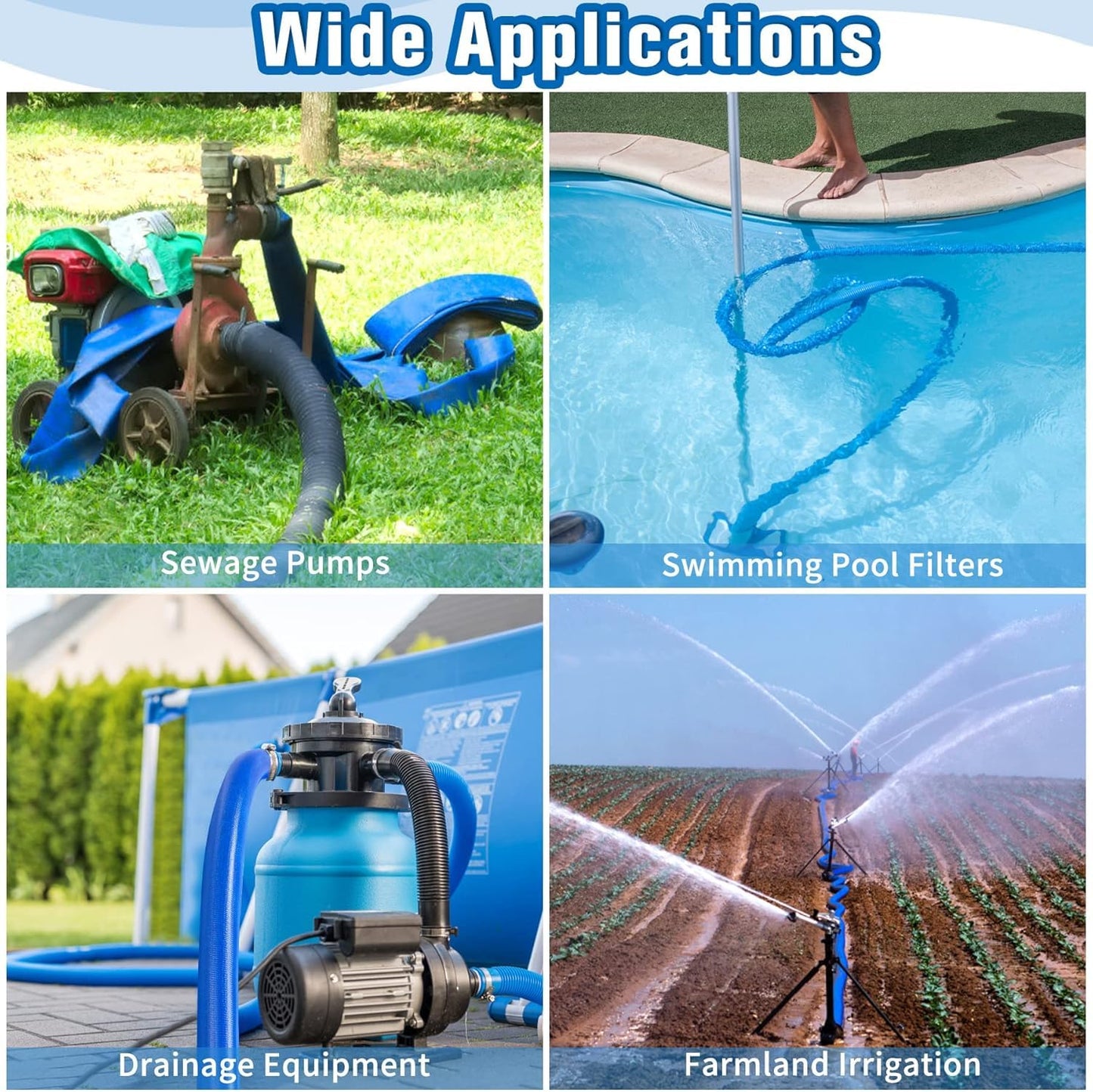 MYFAMIREA 3 IN x 110 FT Pool Backwash Hose Heavy Duty Drain Discharge Double PVC Layflat Hose with 2 Clamps, Weatherproof Burst Resistant for Water Transfer, Sump Pump, Pool Filter, Drain (33.6M,Blue)