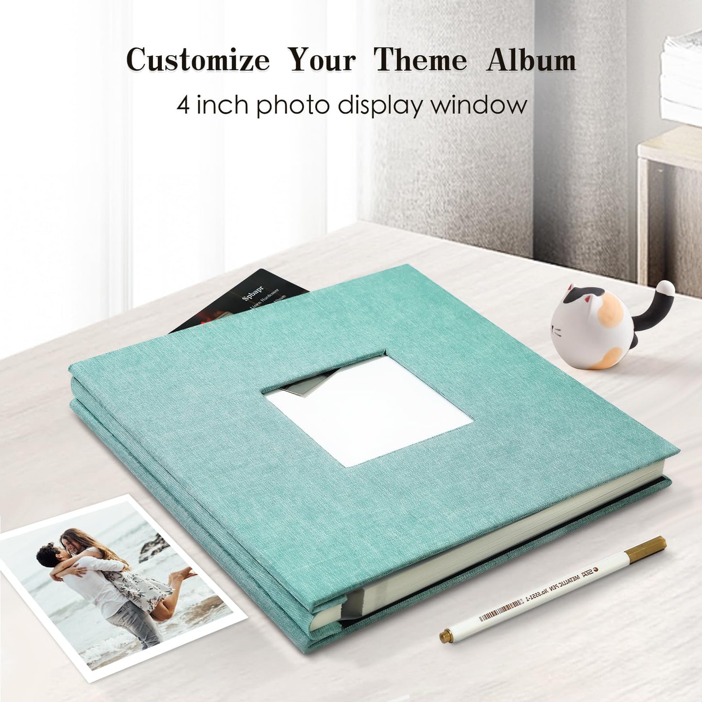 Spbapr Large Photo Album Self Adhesive 3x5 4x6 5x7 8x10 Pictures Magnetic Scrapbook 40 Blank Pages Linen Cover DIY Album with A Metal Pen Turquoise