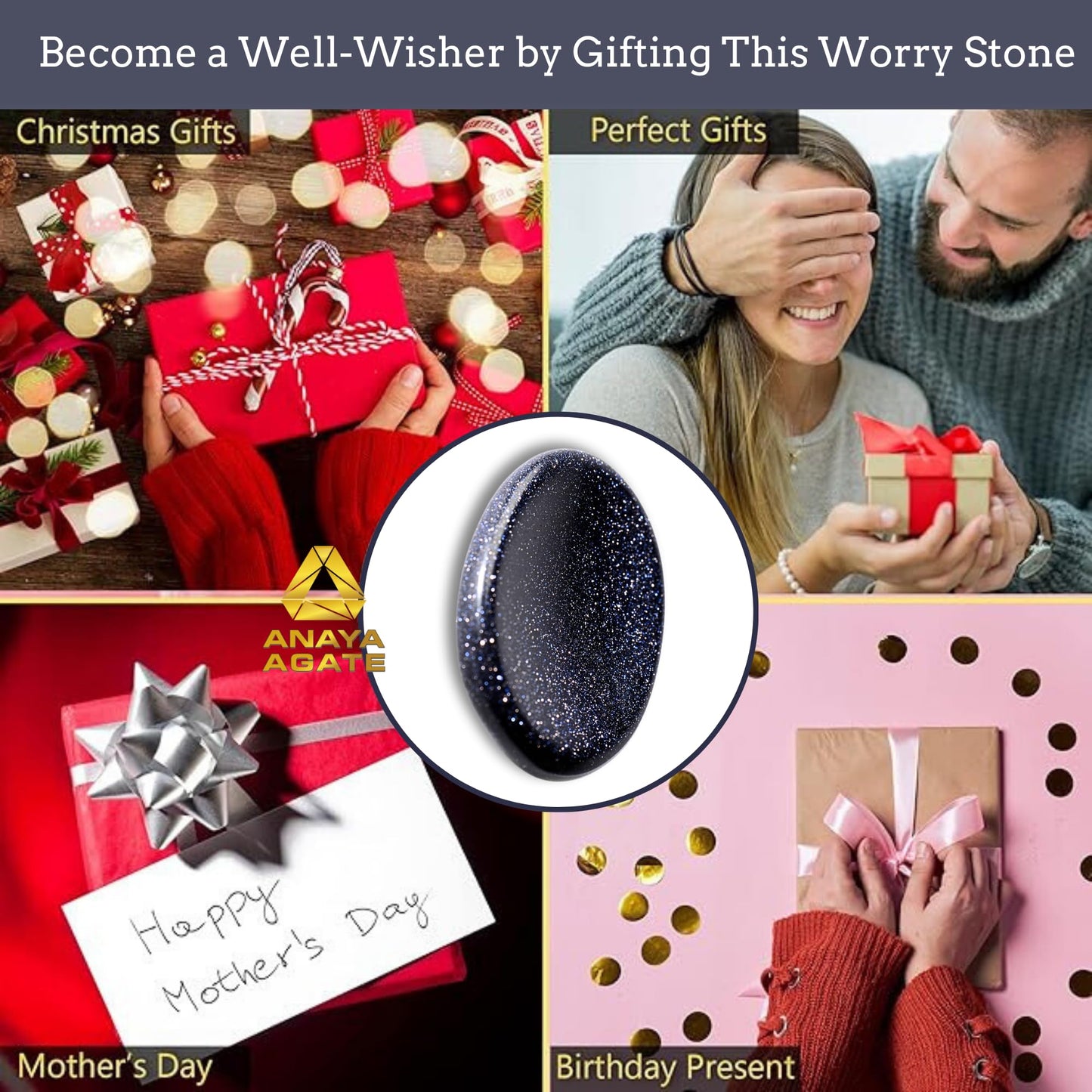Anaya Agate Blue Goldstone Worry Stones Certified Crystal Thumb Worry Stone for Anguish, Relaxing and Soothing Balance Stones for Meditation, Stress Relief Crystals and Healing Stones for Men, Women