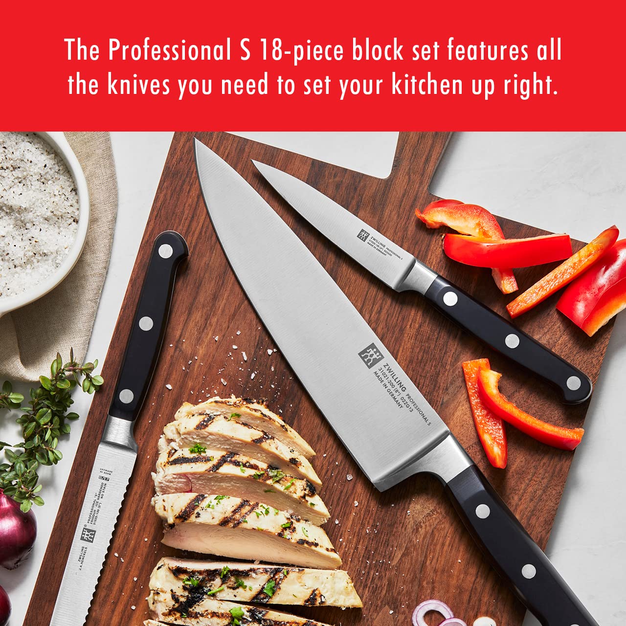 ZWILLING Professional S 18-Piece Knife Block Set, Chef Knife, Serrated Utility Knife, Steak Knife Set, Black