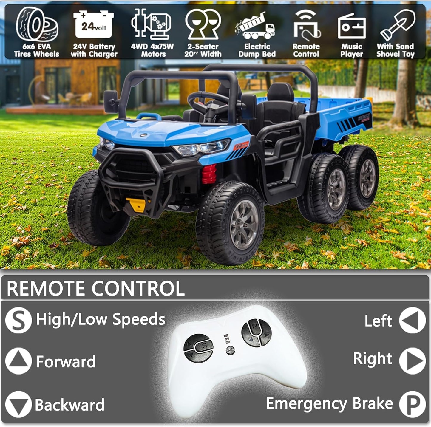sopbost 2 Seater 24V Kids Ride On Truck with Electric Dump Bed, 4WD Battery Powered Ride On Toy Car with Remote Control, Extra Shovel, Music Play, EVA Tires Wheels, Blue