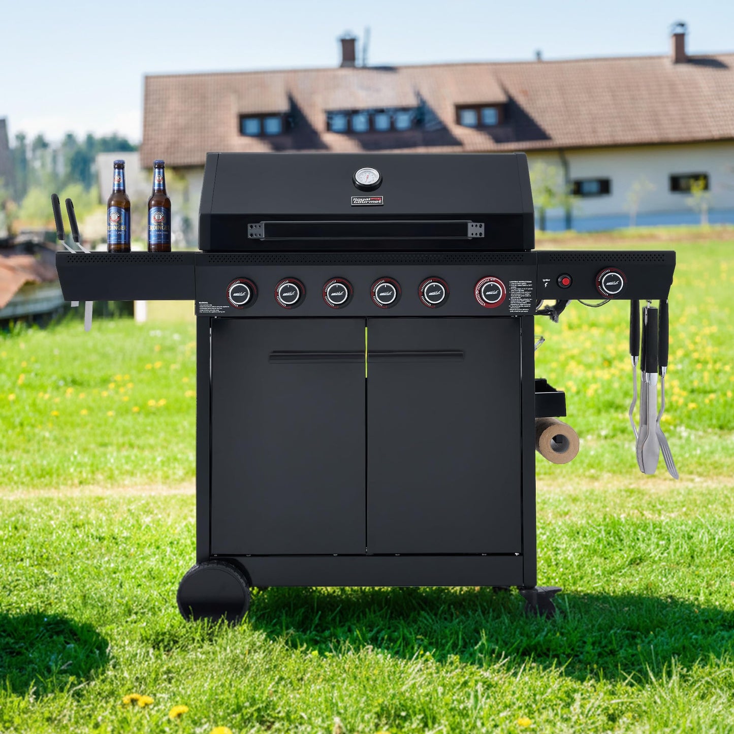 Royal Gourmet GE6001H 6-Burner Gas Grill, 72,000 BTU, 691 Sq. In. Cooking Area, with Sear and Side Burner, Side Shelf with hooks, spice basket, Movable Cabinet Style Grill for Outdoor Grilling, Black