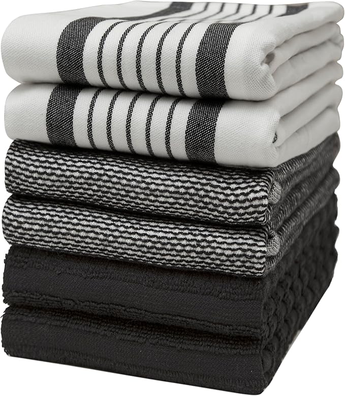 Premium Kitchen Towels (20âx 28â, 6 Pack) | Large Cotton Dish Towels | Flat & Terry Highly Absorbent Kitchen Linen Set with Hanging Loop | Black Striped
