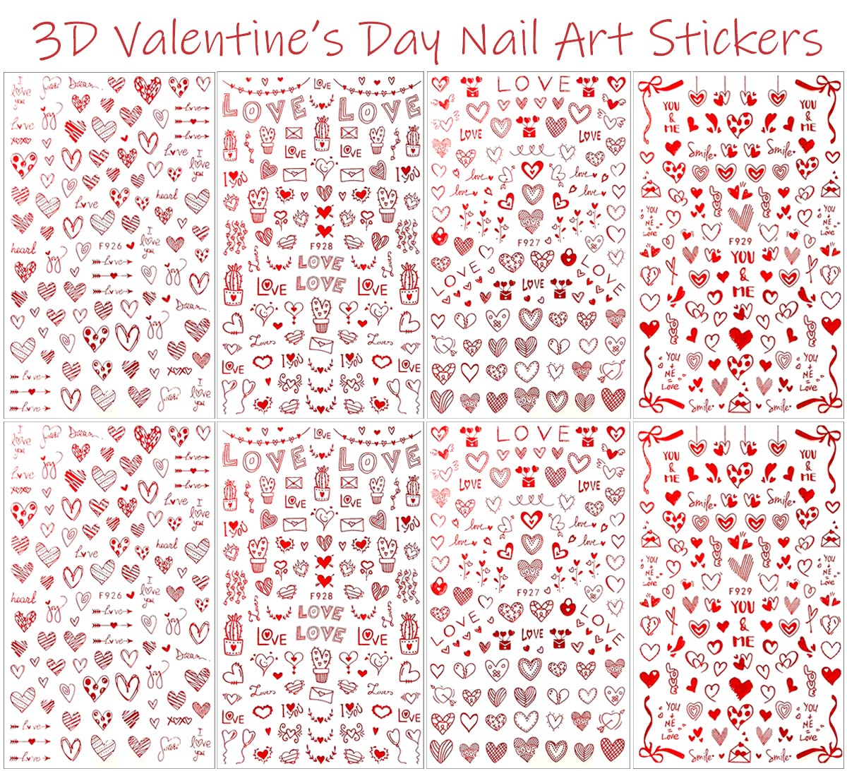 8 Sheets Heart Nail Art Stickers - Love Hearts Nail Decals for Women 3D Self Adhesive Valentine’s Day Nail Art Supplies Laser Red Heart Glitter Designs for Valentine’s Romantic DIY Manicure Decoration