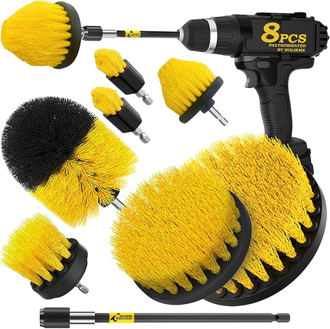 Holikme 8 Piece Drill Brush Attachments Set, Power Scrubber with Extend Long Attachmentï¼Cleaning Supplies for Bathtub, Shower, Grout, Tile(Yellow)