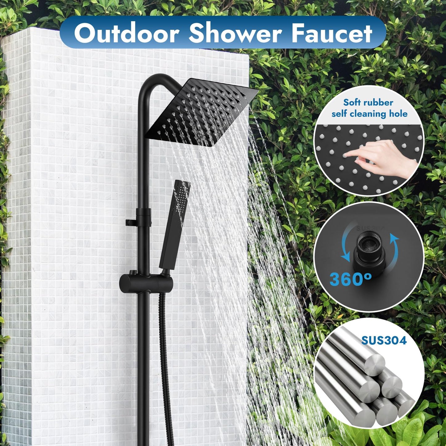 Cinwiny Wall Mounted Outdoor Shower System Matte Black 6" Square Rainfall Shower head with Hand Held Spray Double Cross Handles with Adjustable Slide Bar Two Function Exposed Shower Kit