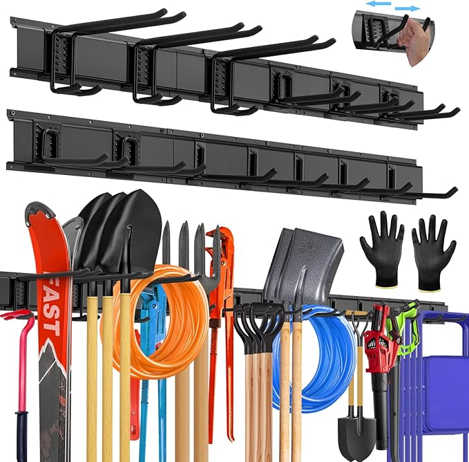 96'' All-Metal Garage Tool Organizer Wall Mount â Heavy-Duty Tool Rack Holds 960 lbs, Adjustable Hooks for Garage, Yard, and Garden Equipment