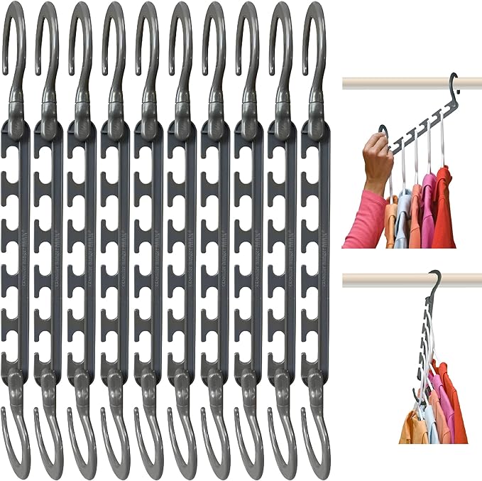 Wonder Hanger Max 10-Pack Space Saving Hangers, Reinforced Hooks Swivels 360°, Cascading Hanger, College Dorms & Storage Closet Organizer, Fully Assembled â Grey