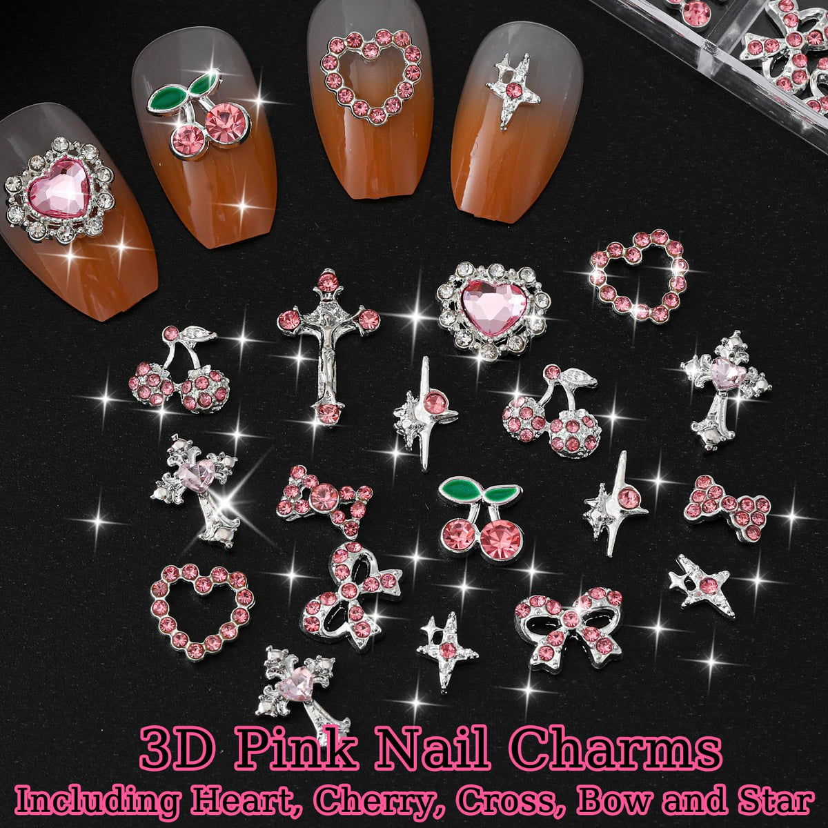ZUMILLMN 52PCS Pink and Silver Metal 3D Nail Charms Bulk, Bow, Heart, Cherry, Cross and Star Charms for Nails-Shiny Nail Rhinestones for Nail Art, Manicure, DIY Jewelry Making