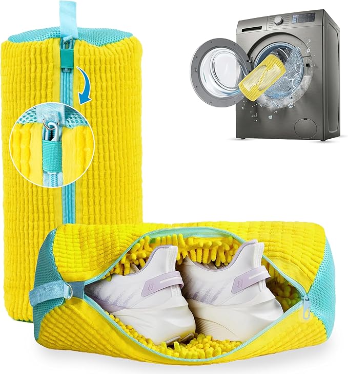 Shoe Washing Machine Bag â 2 Pcs Reusable Laundry Shoe Bag, 360° Deep Cleaning Sneaker Washing Bag, Durable Mesh Net with Zipper Protection, Fits All Shoe Types & Sizes (Yellow, 14.8 à 7.4 Inches)