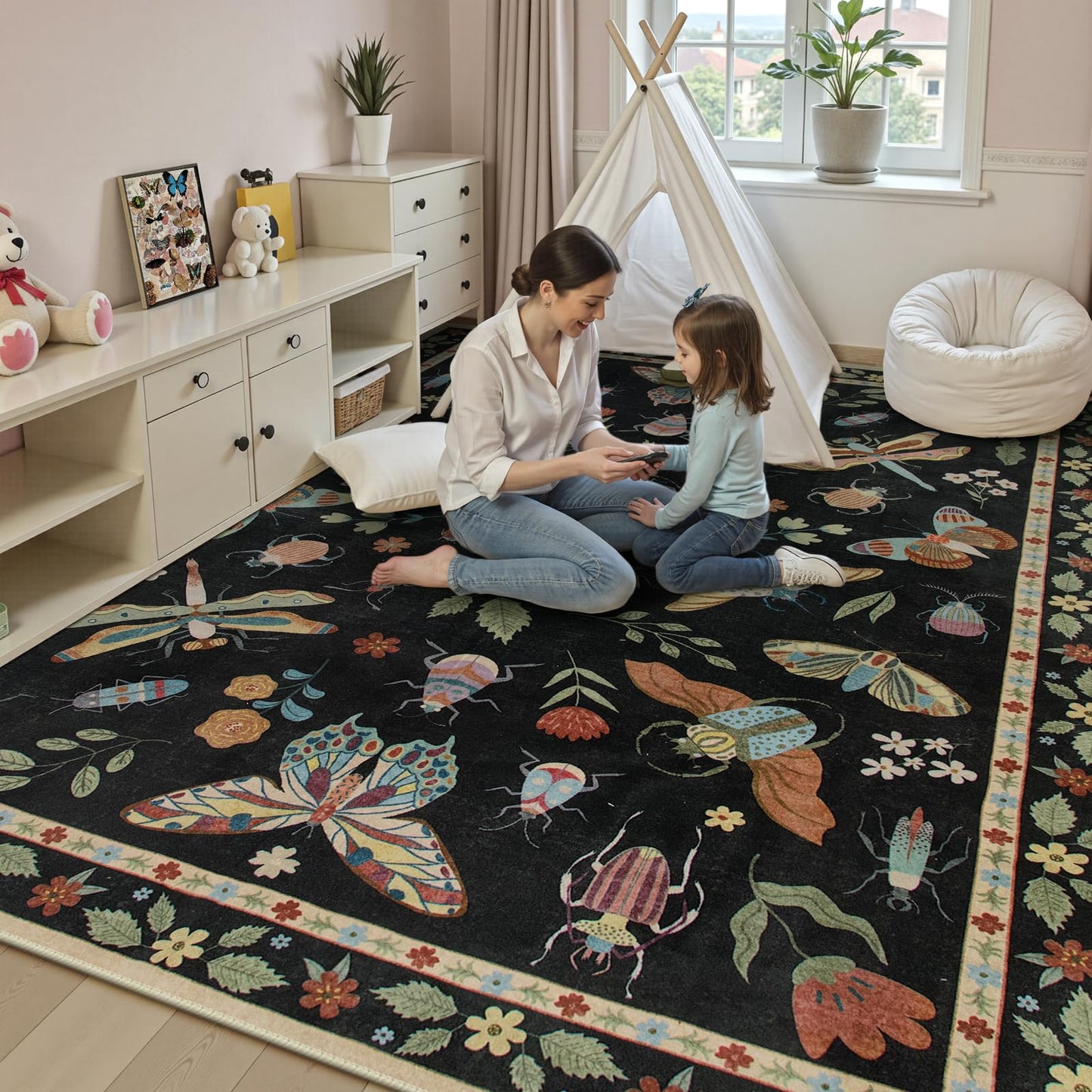 Beeiva Insect Print Rug 8x10, Washable Throw Rugs for Bedroom Under Bed, Boho Non Slip Low Pile Ultra Thin Foldable Large Carpet for Kids Room Playroom Living Room Decor(Black,8x10ft)
