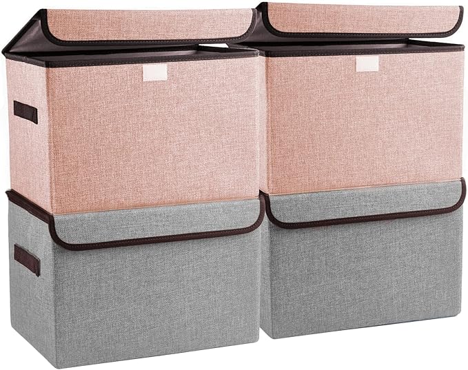 Bagnizer Linen Fabric Foldable Storage Cube Bin Organizer Basket with Flip-Top Lid & Handles, Large Clothes Blanket Box for Home, Office, Closet, Gray & Pink, 4 Pack 14.6 x 9.5 x 9.5â
