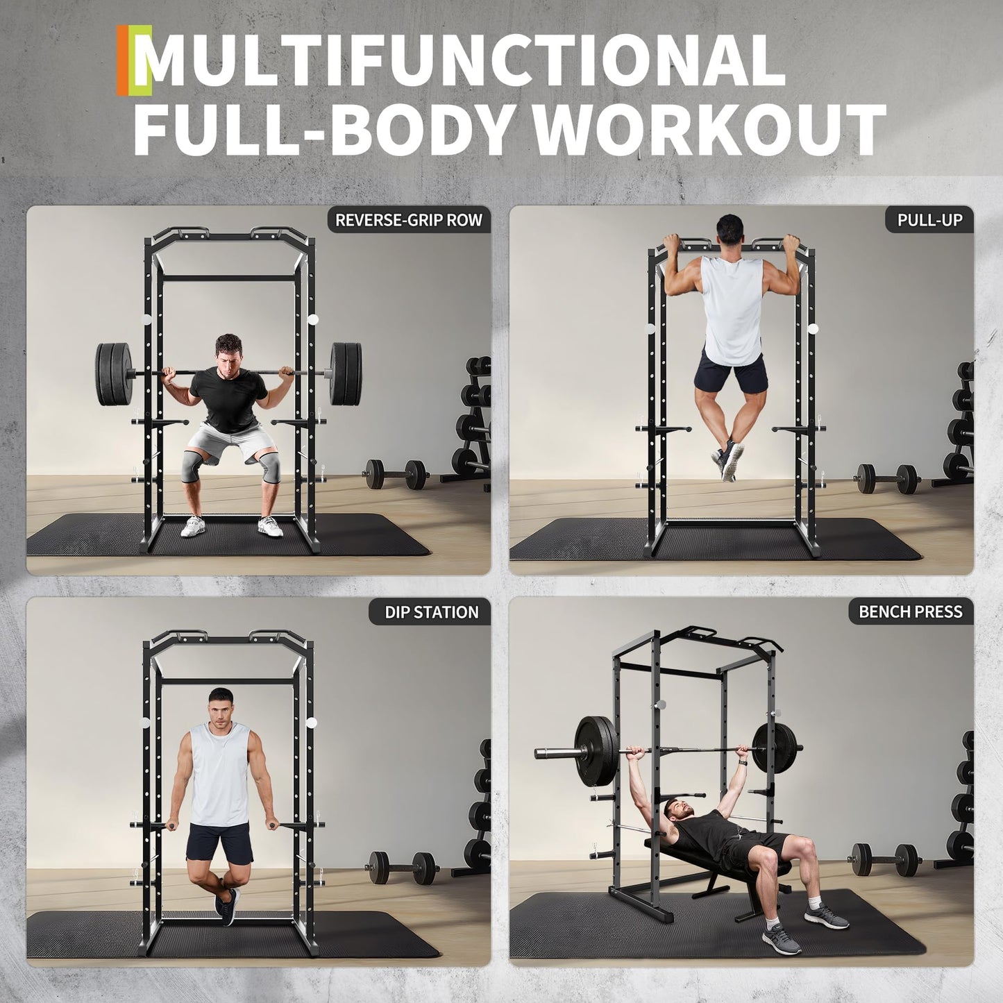 ExploreHorizon Heavy Duty Squat Rack Power Cage, Strength Training Power Cages for Home Gym, 1100 LB Capacity Power Rack with Pull-Up Bar, Dip Bars, Adjustable Safety Spotters, J-Hooks, Plate Storage