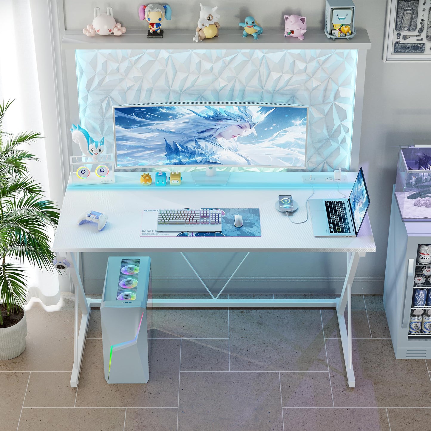 TIQLAB Gaming Desk with Power Outlets & LED 32 Inch Ergonomic Computer Carbon Fiber Surface Gamer, PC Workstation with Headphone Hook for Bedroom, Kids Desk Gift for Boys, White