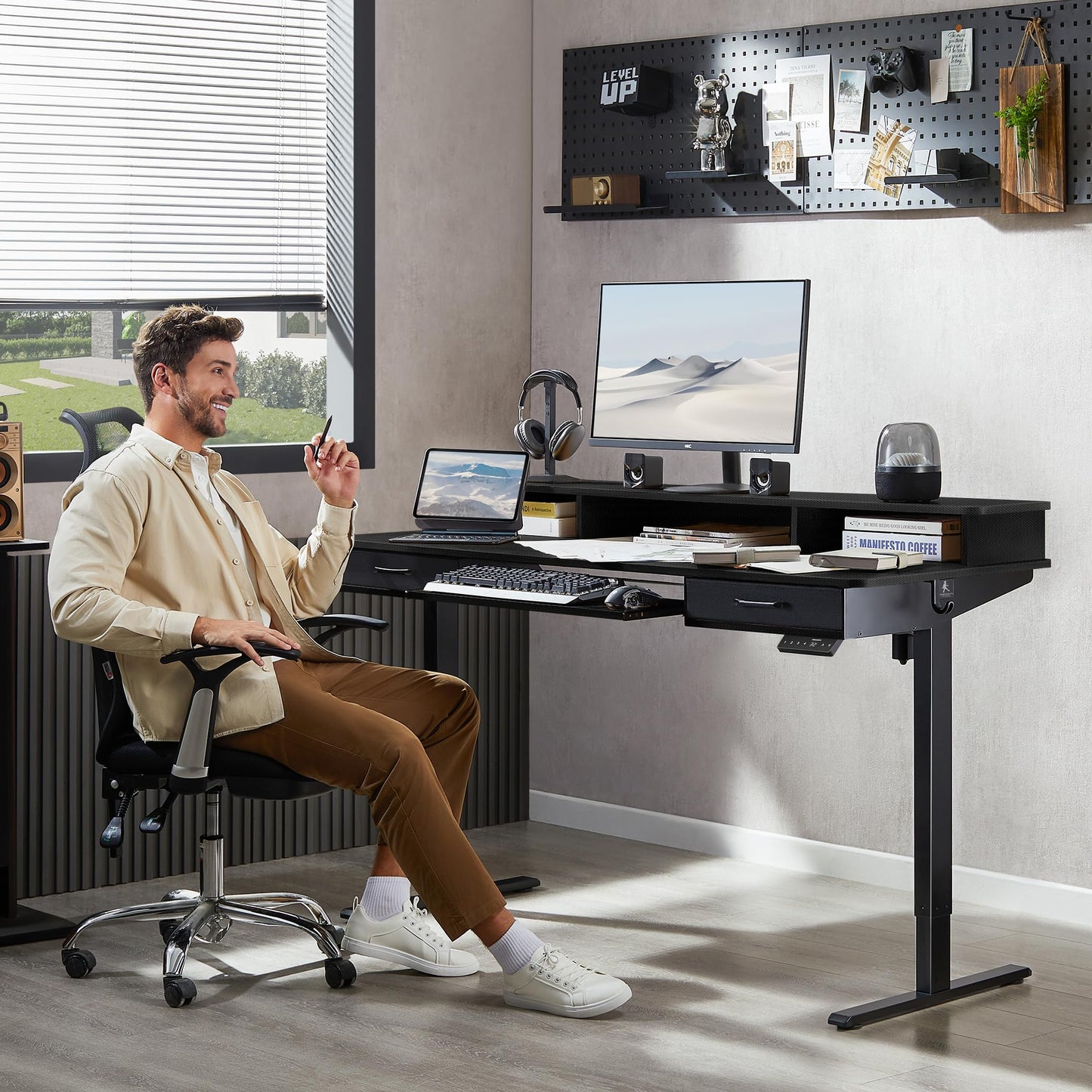 WALKINGDESK 55x24 Inches Electric Standing Desk with Keyboard Tray, Height Adjustable Stand up Desk with 2 Drawers, Ergonomic Sit to Stand Desk with Storage Monitor Stand, Computer Table, Black