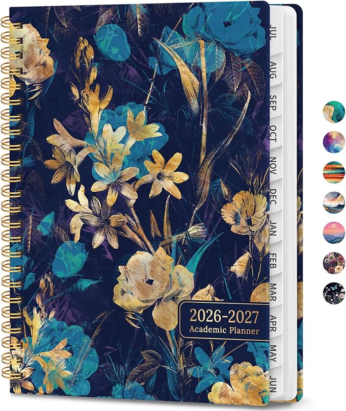 Academic Planner 2026-2027, Weekly and Monthly Calendar Book, July 2026 â June 2027, Hardcover Planner with Tabs, Perfect for Teachers, Students, Women & Men, A4 (8.5" x 11") - Turquoise Flowers