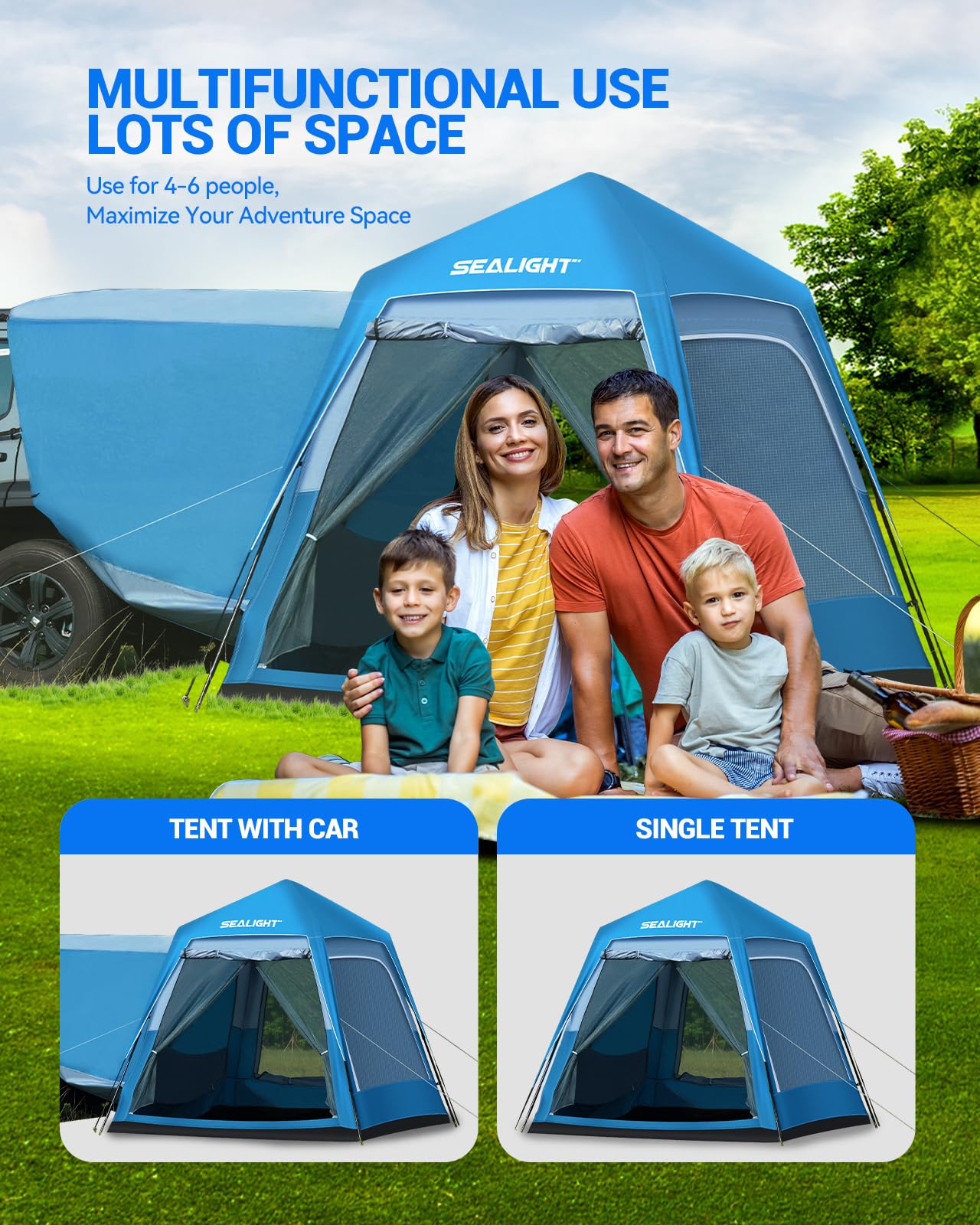 SEALIGHT SUV Tent for Camping 6 Person Pop Up Tent Double Layer PU3000mm Waterproof Car Camping Tent with Rainfly and Storage Bag,Weather Resistant SUV Tailgate Tent,10FT L x 8FT W x 7.2FT H Blue