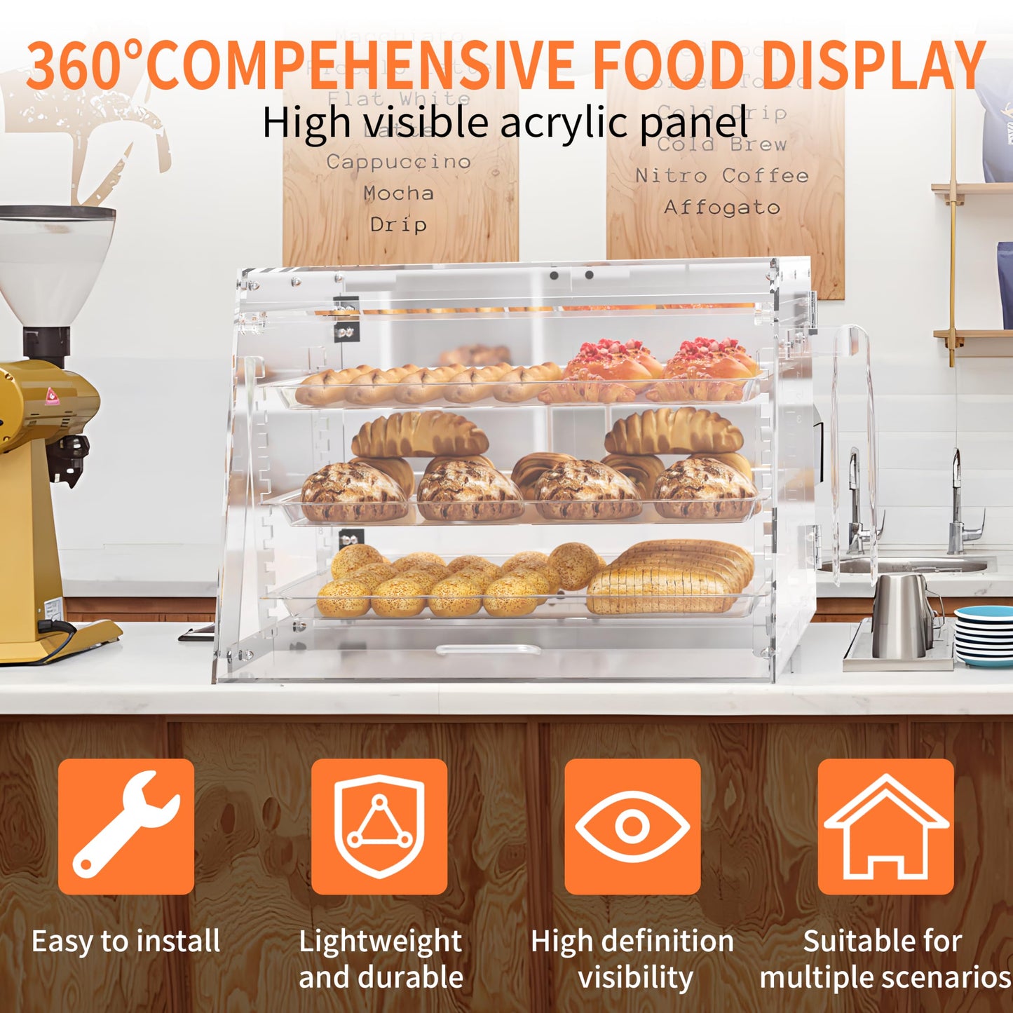 Commercial Countertop Bakery Display Case- Thickened Large Pastry Display Case with Bread Tong - 3 Tray Adjustable Bread Box for Bread,Cake and Cookie, 22.2" x 17.7" x 16"