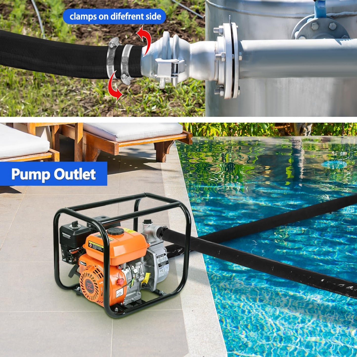 Gonioa Pool Backwash Hose 1 1/2 Inch Diameter x 50 Feet - Heavy-Duty PVC Pool Drain Hose, Reinforced Discharge Hose with Clamp for Swimming Pools, Black