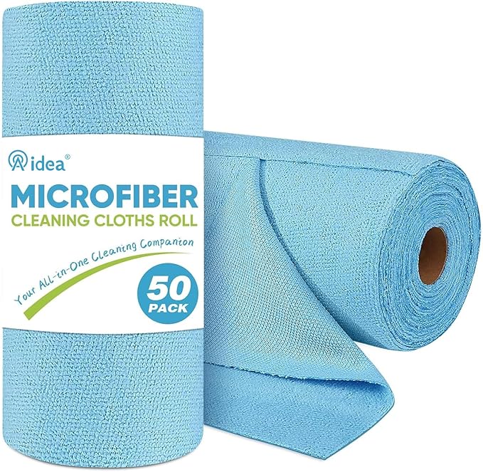 AIDEA Microfiber Cleaning Cloth Roll, 50PK, Blue Shop Towels Reusable Tear Away Paper Towels, Washable Shop Rags, Microfiber Towels for Cars, Lint Free Rags for House, Mechanic, Workshops, 11.5"Ã11.5"
