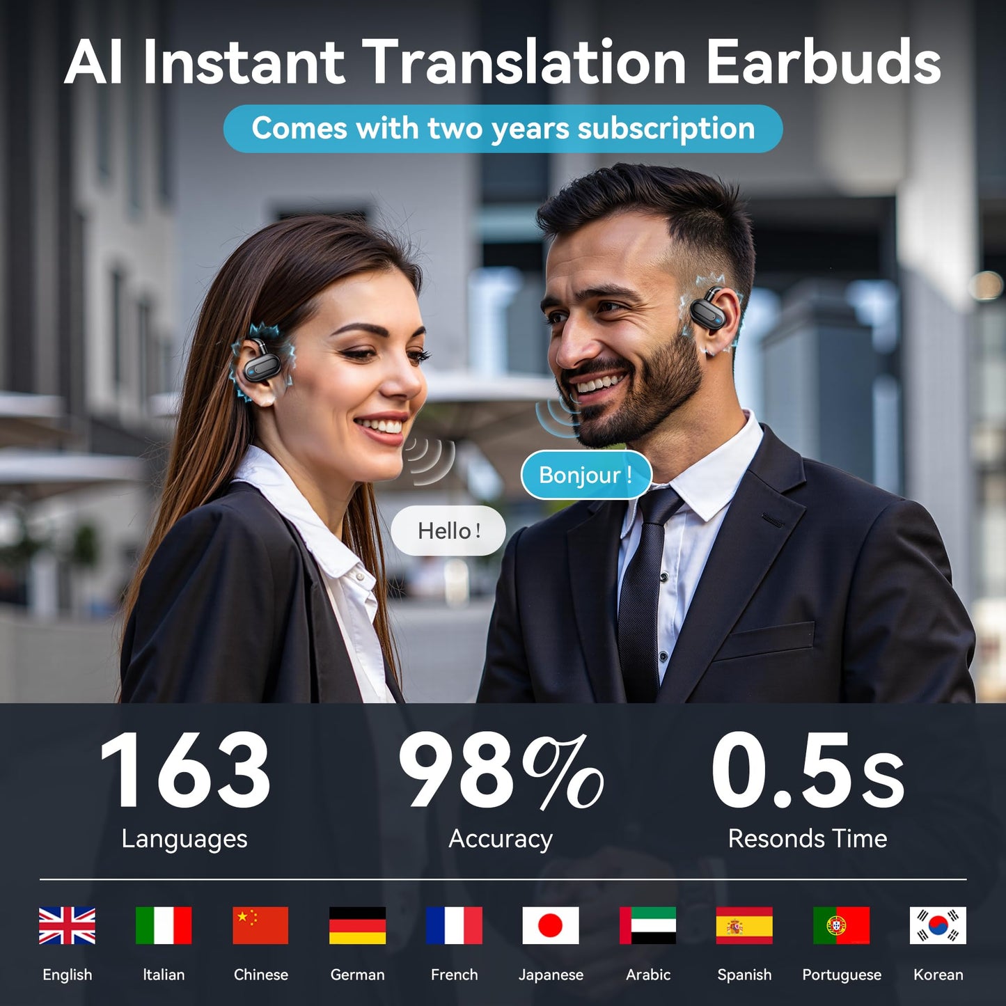 AI Language Translation Earbuds, 3-in-1 Instant Translator Earbuds with 163 Languages Wireless Bluetooth Two Way Online Voice Translation Device for Travel Business Learning