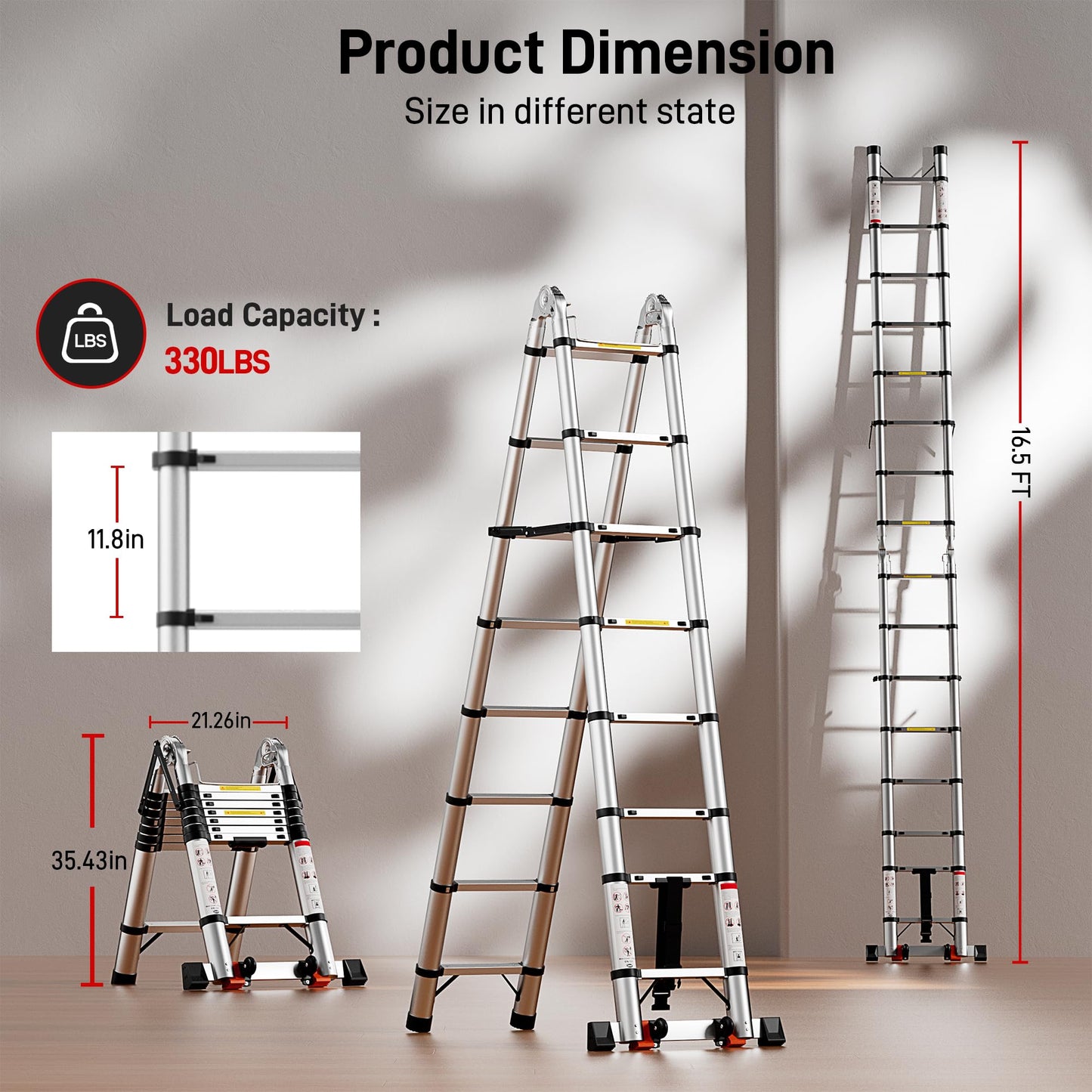 SEEKNEW 16.5 FT Telescoping A Frame Ladder,Aluminum Extension Ladder,Heavy Duty 330 lbs Max Capacity with Stabilizer Bar&Wheels,Multi-Purpose Portable Collapsible Ladder for Home,Work Silver CE ANSI