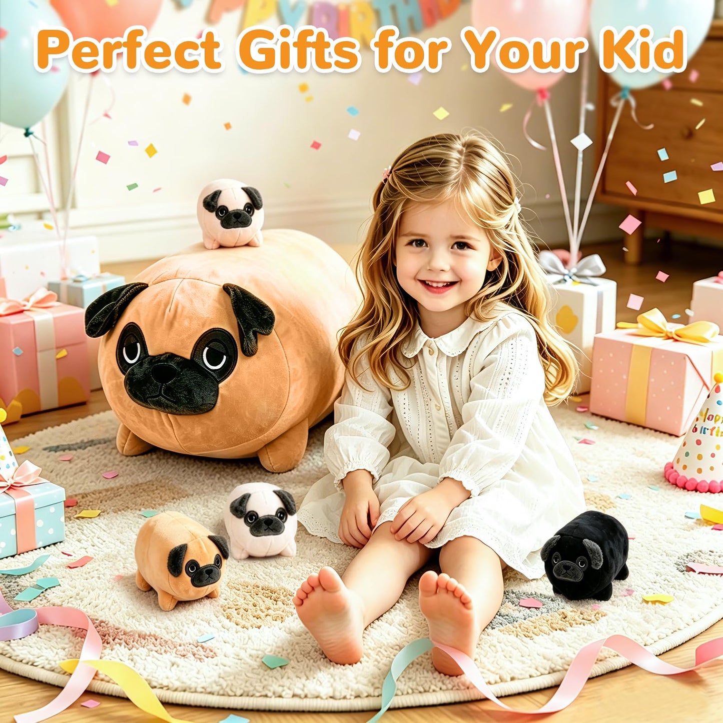 MMguai 16 Inch Large Pug Stuffed Animals with Babies, Mommy Pug Dog with Puppies Inside Belly,Soft French Bulldog Pillow Plush Toy Plushie Gift for Kids Boy Girl, Brithday Decor