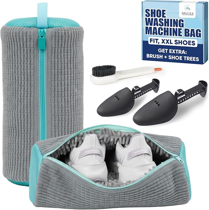 Shoe Washing Machine Bag â 2 Pcs Reusable Laundry Shoe Bag, 360° Deep Cleaning Sneaker Washing Bag, Durable Mesh Net with Zipper Protection, Fits All Shoe Types & Sizes (Grey, 14.8 à 7.4 Inches)