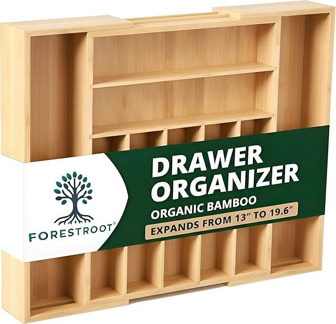Bamboo Drawer Organizer â Expandable 9 Slot Silverware & Utensil Tray for Kitchen, Office & Kitchen âFits 13ââ19.6â Drawers, Natural Bamboo Wood, Deep Compartments - Durable & Eco-Friendly