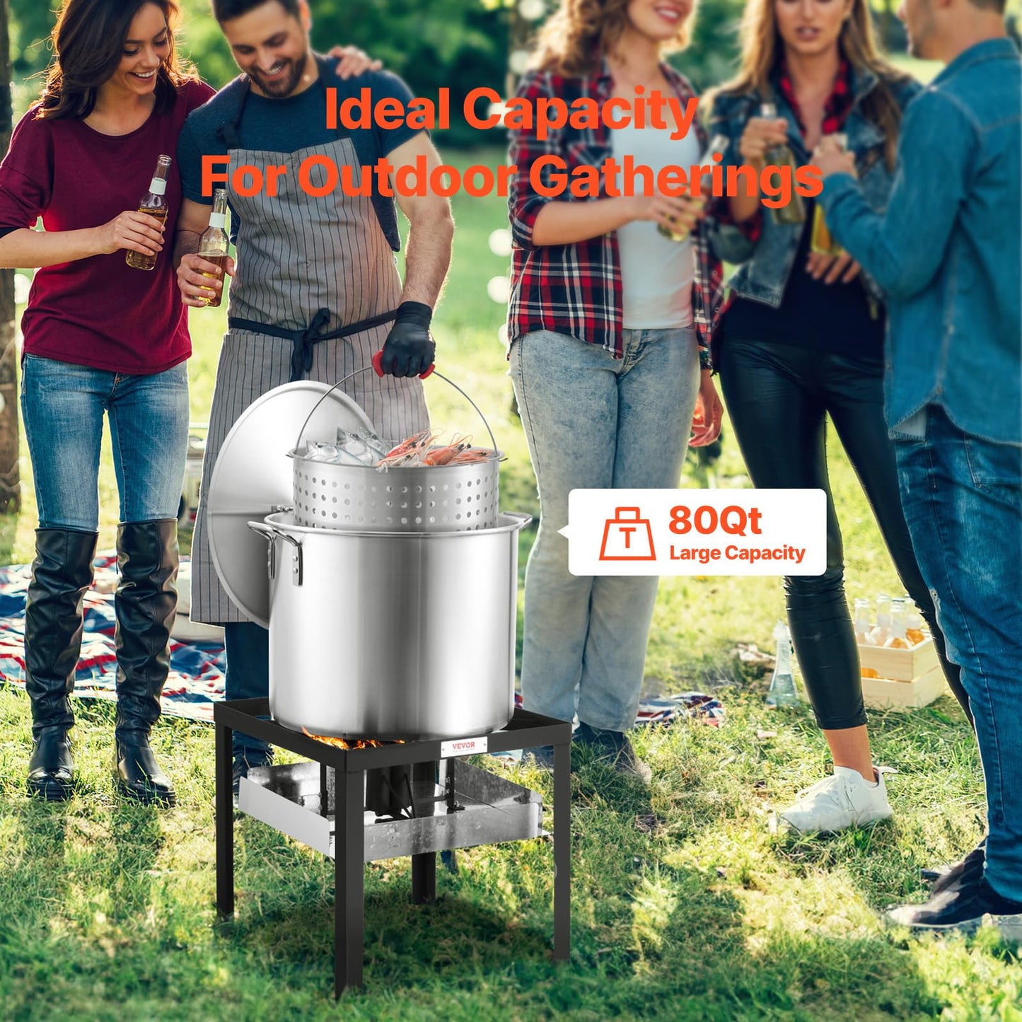 VEVOR 80 Qt Seafood Boiling Kit with Strainer, Outdoor Seafood Boil Pot and Basket, Cooking Set for Crab Crawfish Lobster Boiling, Aluminum Stockpot with 100,000 BTUs Propane Burner and Steamer Rack