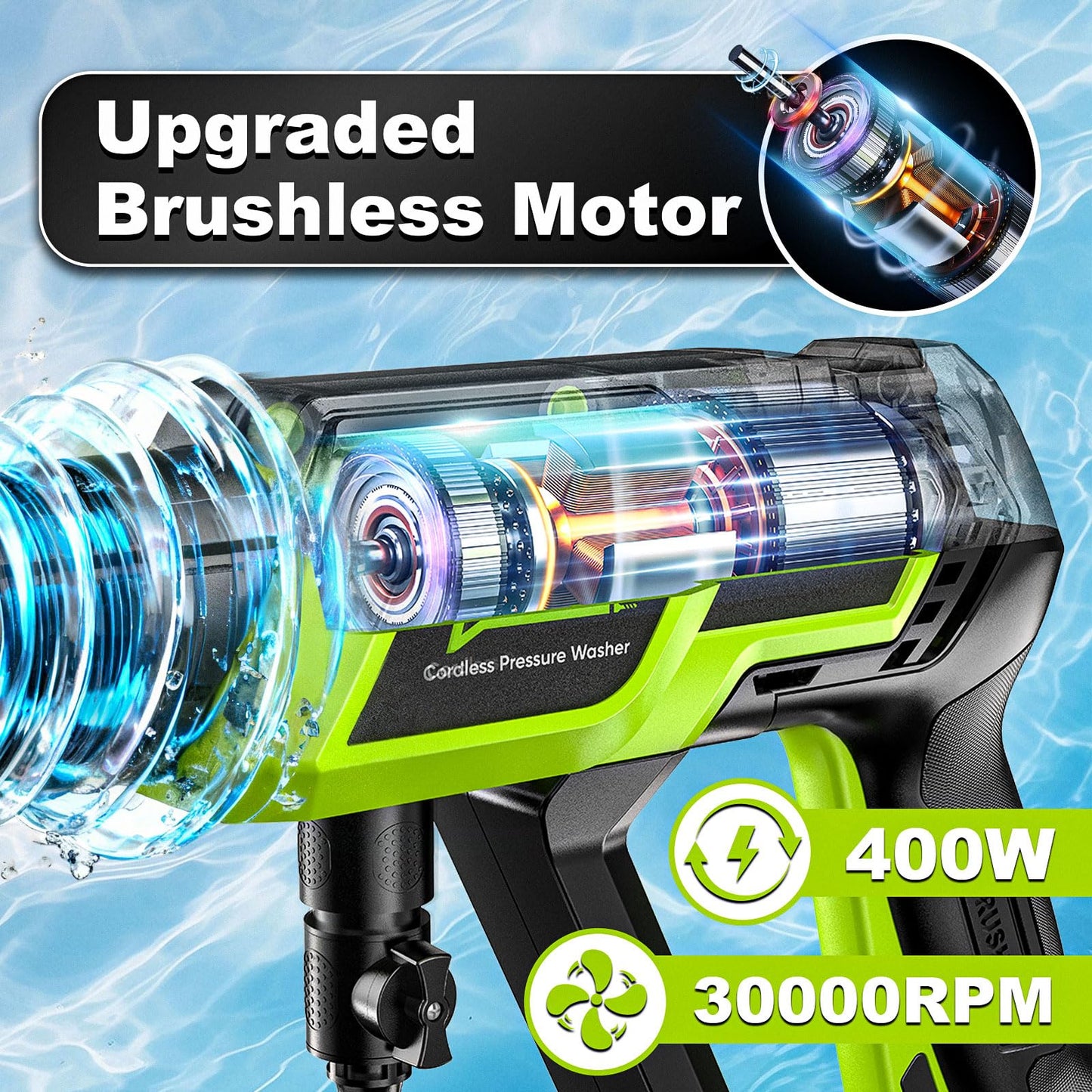 Cordless Pressure Washer 1500PSI 2.6GPM 400W Brushless Motor,Portable Electric Power Washer, 2 Batteries, Fast Charger, 6-in-1 Nozzle, Extension Rod, 16.4FT Hose & Storage Case for Car Home Cleaning