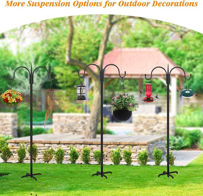 FEED GARDEN Heavy Duty Shepherds Hook 2 Pack 76" Double Hooks Adjustable (44/60/76") - Metal 5-Prong Base, 17lb Capacity - Easy Assembly Bird Feeder Pole for Hanging Planters, Lanterns, Wind Chimes
