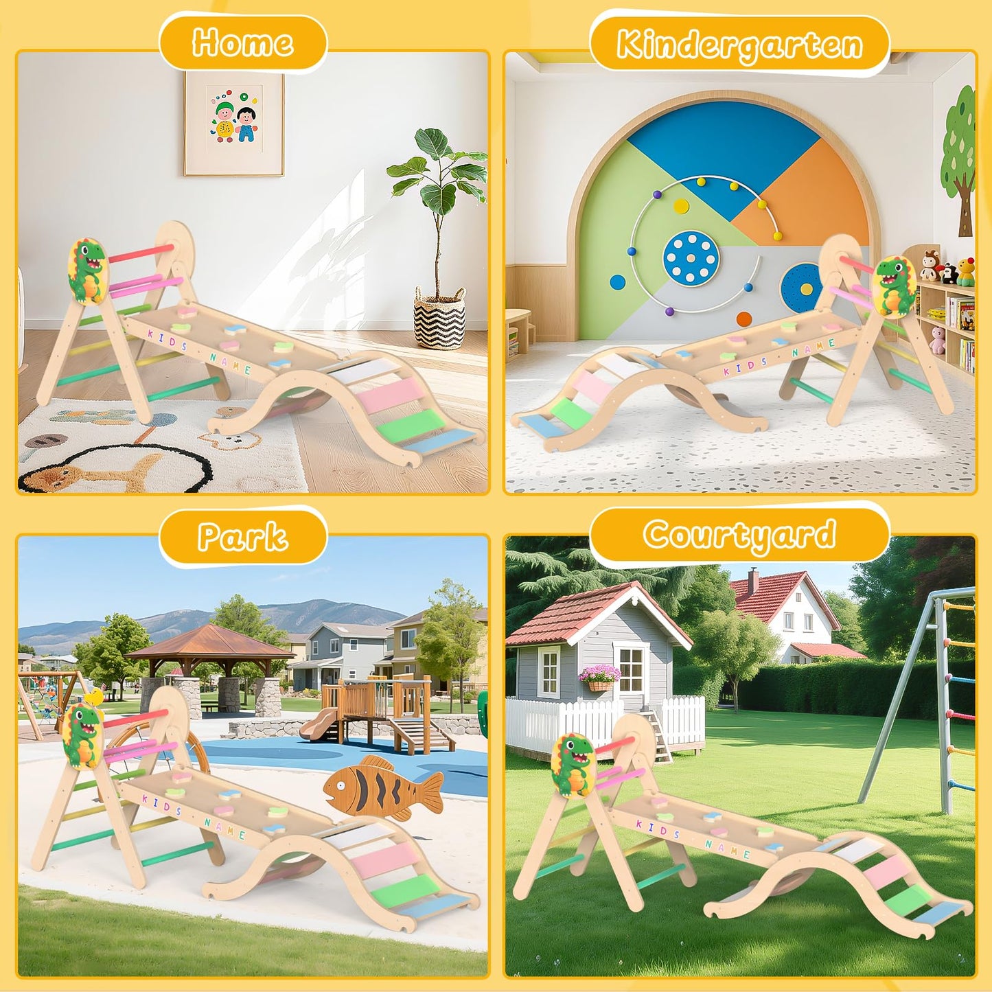 Acenova Pikler Triangle Climbing Set with Cushion and DIY Name Stickers, Montessori Wooden Climbing Gym for Toddlers, Indoor Jungle Gym, Dinosaur Pikler Triangle Arch Ramp Climber Toy