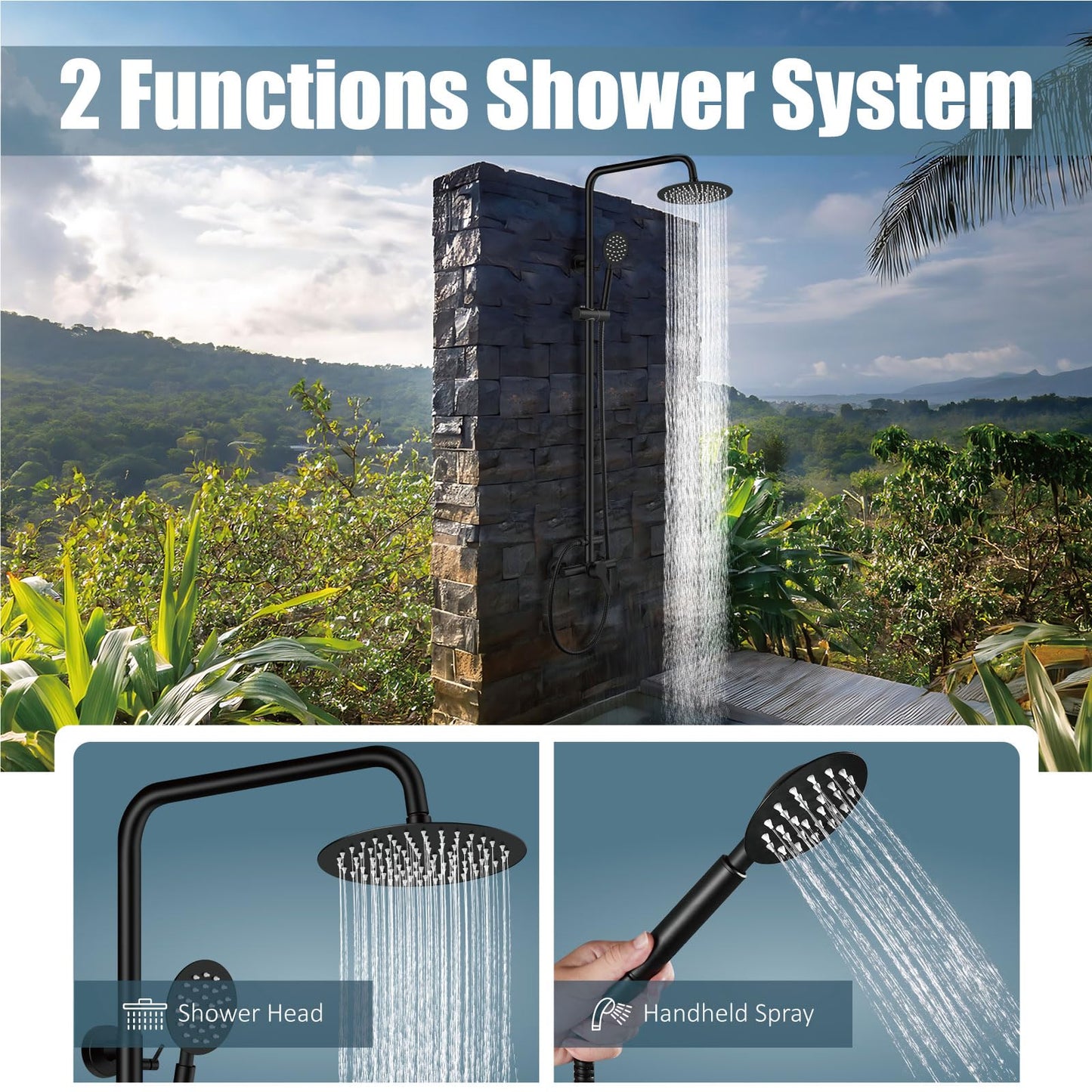 Aolemi Outdoor Shower Faucet Matte Black SUS304 Shower Fixture Combo Set Stainless Steel 8 inch Rainfall Shower Head Kit Single Handle High Pressure Hand Spray Wall Mount 2 Dual Function Single Handle
