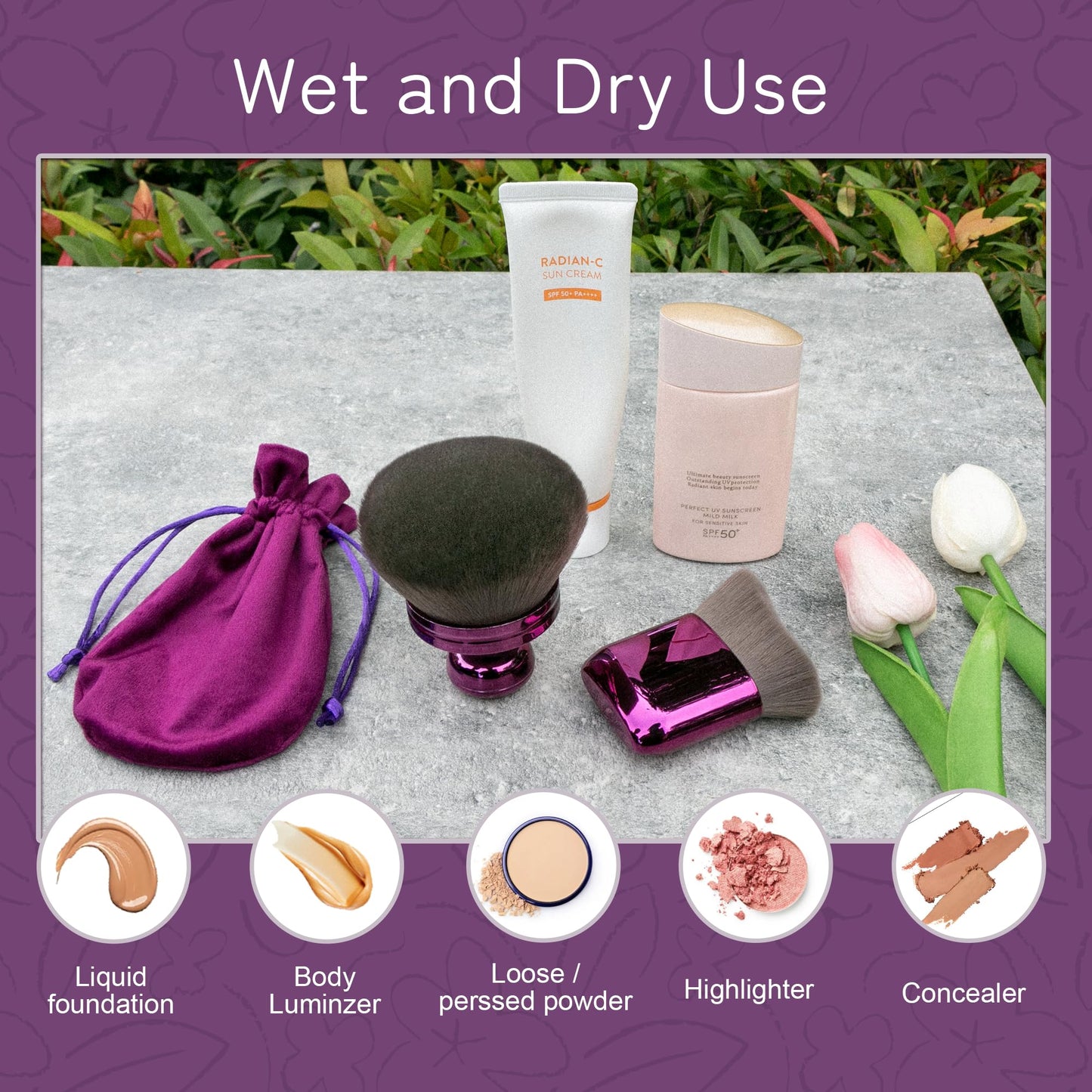 Blend & Blur Extra Large Body Makeup Brush for Self Tanner,Leg Makeup & Bronzer Self Tan Applicator, 3.2inch Wide Round Head Kabuki Brush For Application with Drawstring Bag (Purple2)